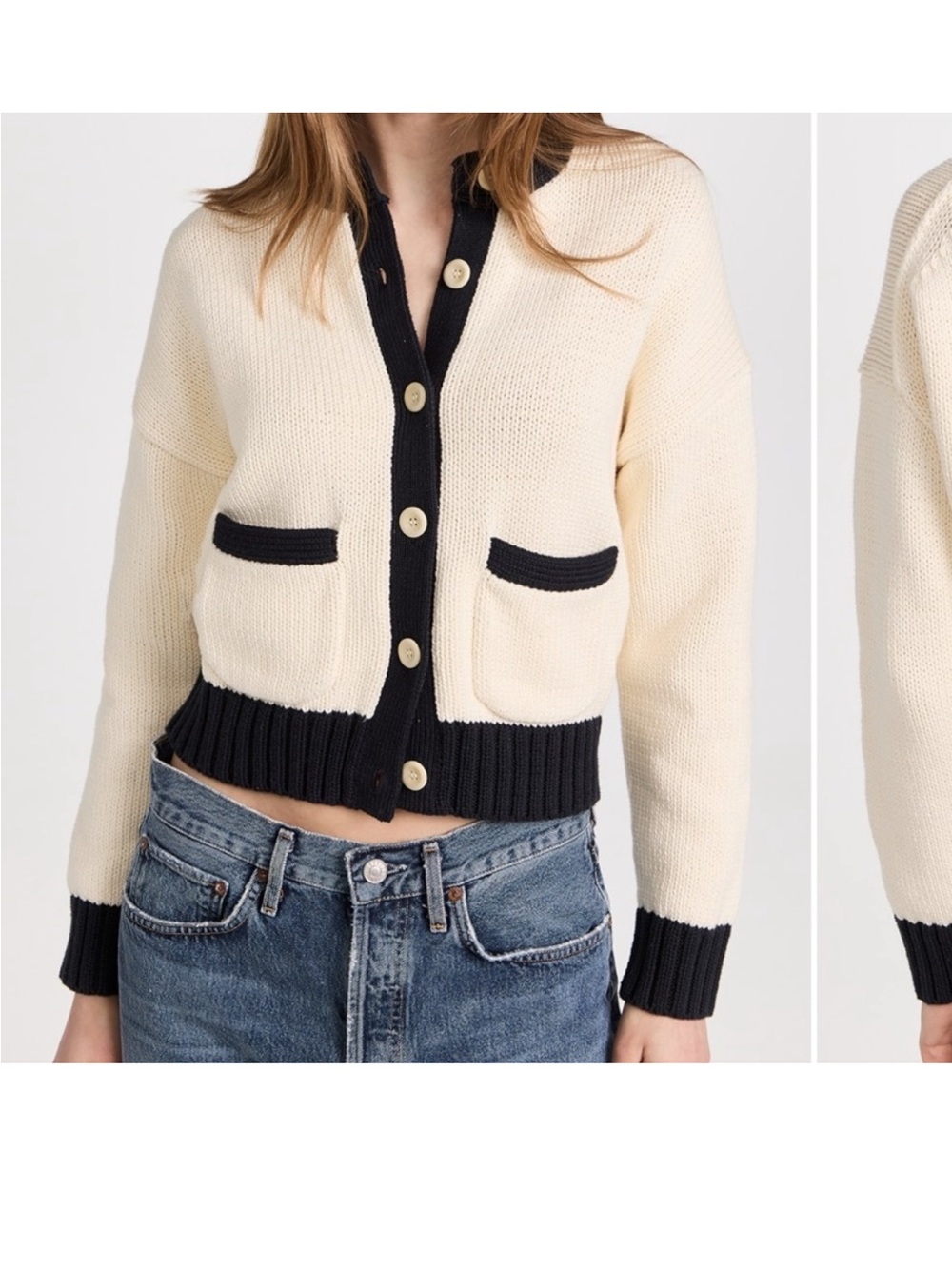 Alex Mill Tipped Button Front Cardigan in Ivory Black Small